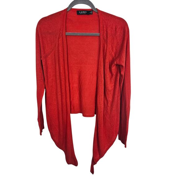 Lauren Ralph Lauren Womens Linen Sweater Cardigan Holiday Red Classic Preppy M - Picture 1 of 8